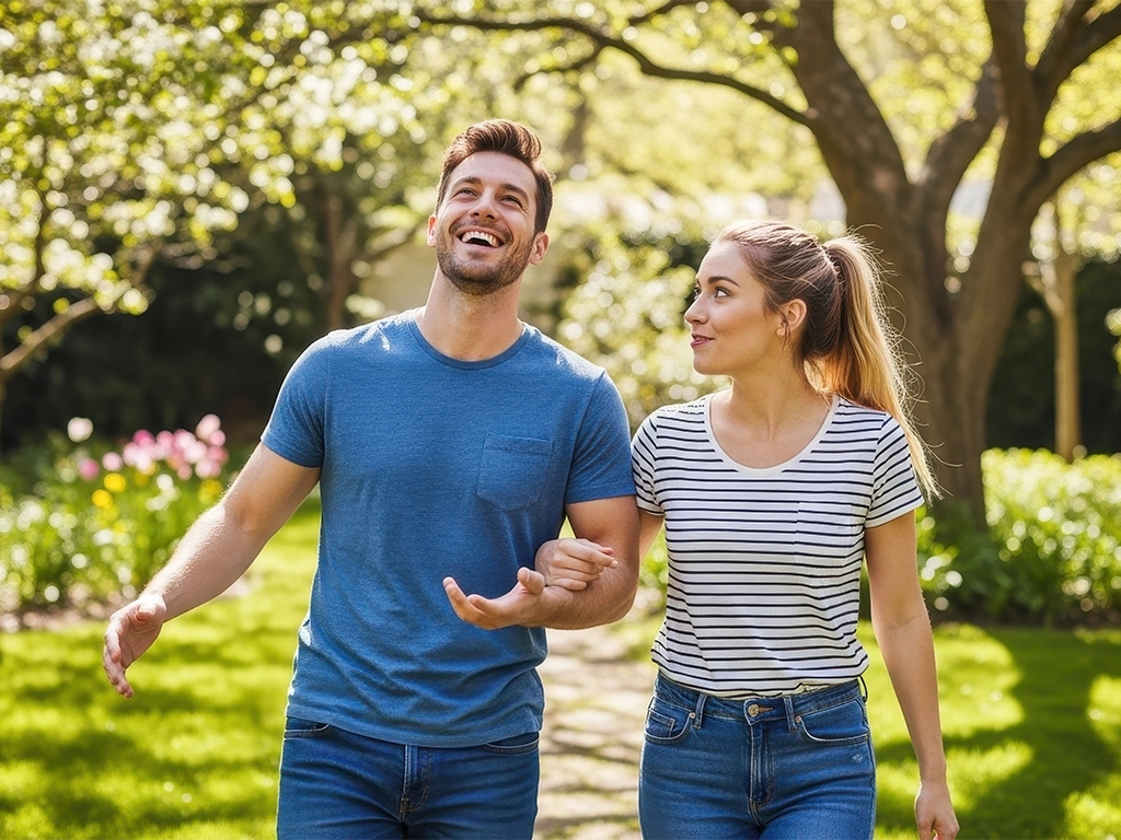 happy young couple walking through sunny park